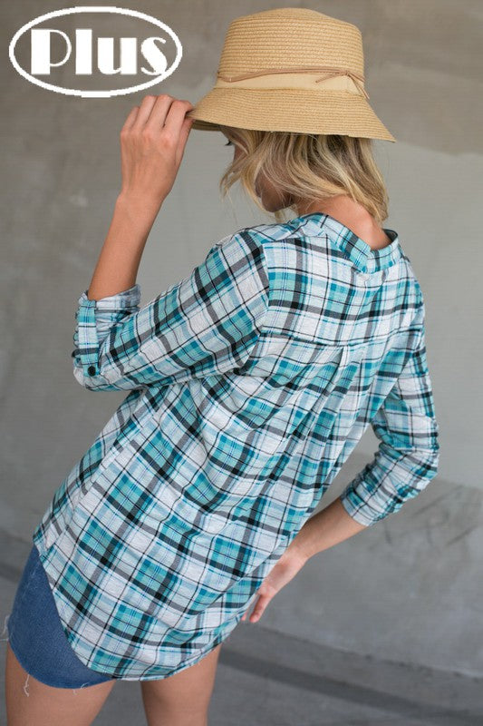 PLAID SPLIT NECK ROLL TAP SLEEVE HIGH LOW PLUS TOP