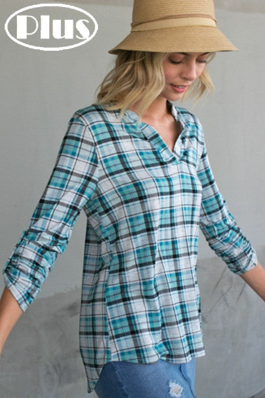 PLAID SPLIT NECK ROLL TAP SLEEVE HIGH LOW PLUS TOP