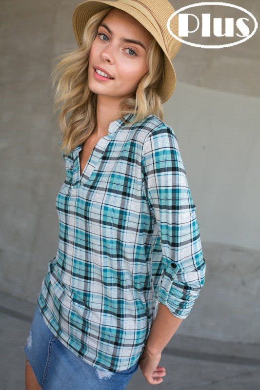 PLAID SPLIT NECK ROLL TAP SLEEVE HIGH LOW PLUS TOP