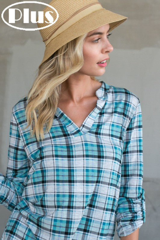 PLAID SPLIT NECK ROLL TAP SLEEVE HIGH LOW PLUS TOP