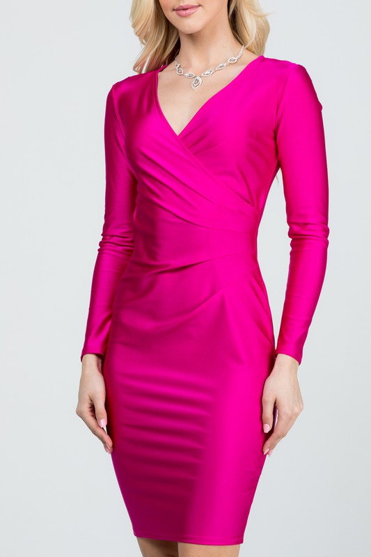 long sleeve shiny tricot overlap midi dress