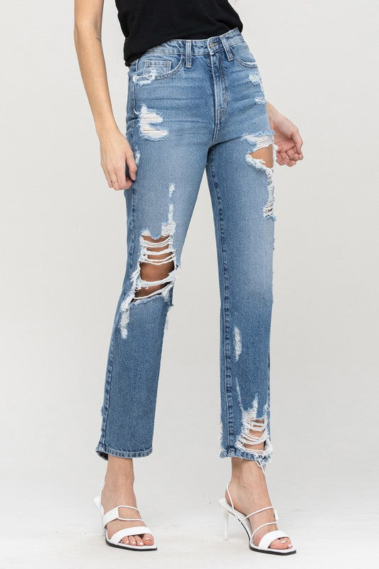 Women's Super High Rise Tattered Ankle Straight Denim Pants