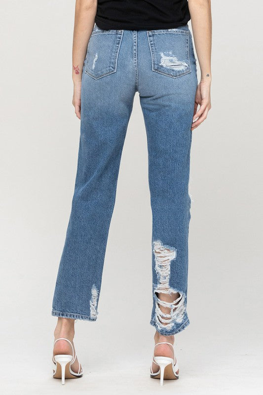 Women's Super High Rise Tattered Ankle Straight Denim Pants