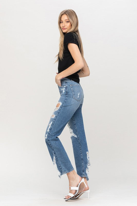 Women's Super High Rise Tattered Ankle Straight Denim Pants