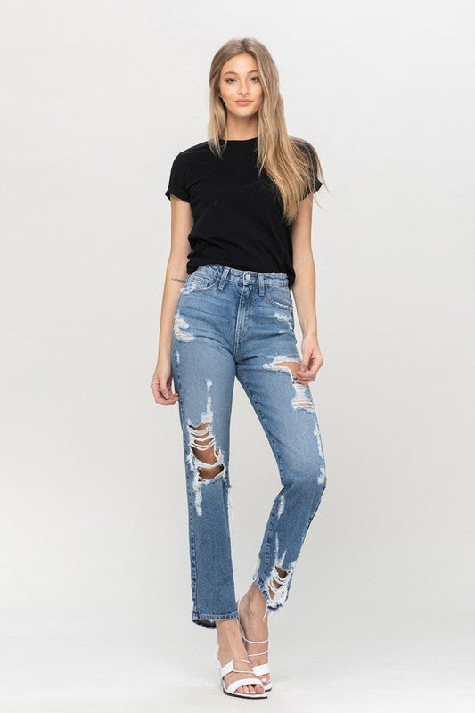 Women's Super High Rise Tattered Ankle Straight Denim Pants