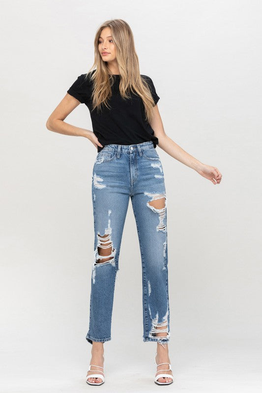 Women's Super High Rise Tattered Ankle Straight Denim Pants