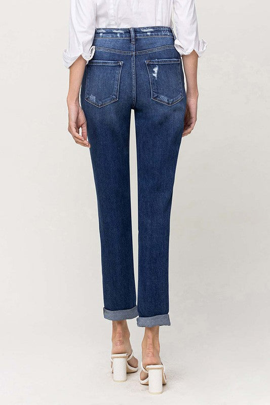 Distressed Double Cuffed Stretch Mom Jeans