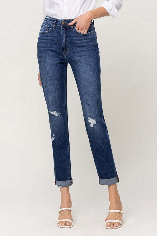 Distressed Double Cuffed Stretch Mom Jeans