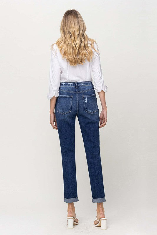 Distressed Double Cuffed Stretch Mom Jeans