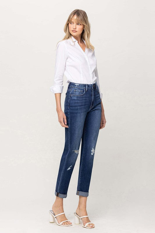 Distressed Double Cuffed Stretch Mom Jeans