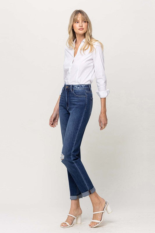 Distressed Double Cuffed Stretch Mom Jeans