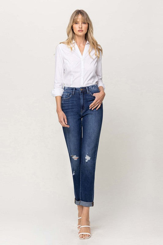 Distressed Double Cuffed Stretch Mom Jeans