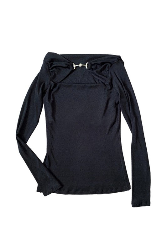 Elastic Solid Cutout Knit Tops with Metal Button