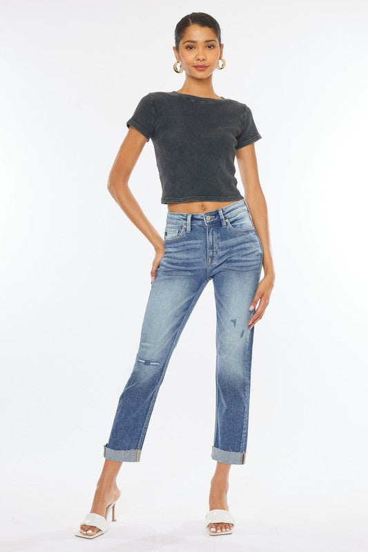 High Rise Cuffed SLIM Straight Jeans - KC9250M