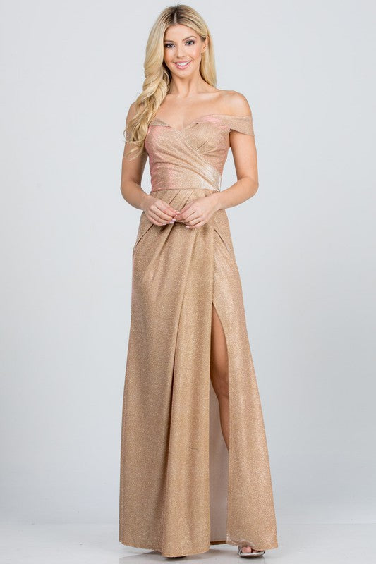 Off the shoulder glittery jacquard gathered gown