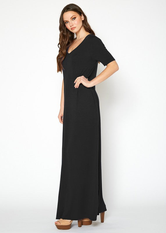 V-Neck Short Sleeve Maxi Dress With Pockets