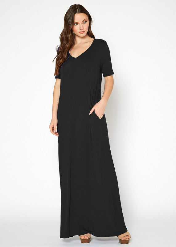 V-Neck Short Sleeve Maxi Dress With Pockets