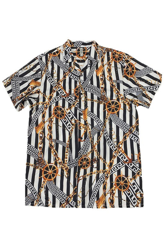 Men's Gold Chain Status Print Button Down Shirt