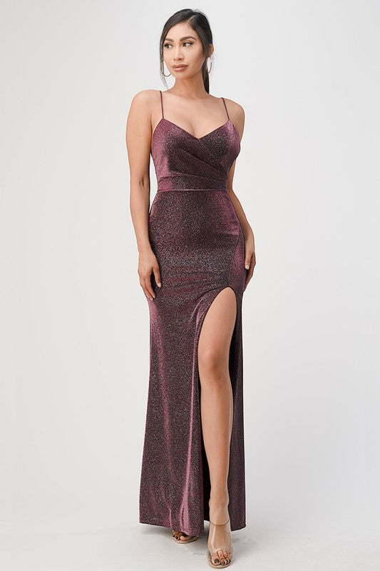 Sparkling knit jacquard side gather spaghetti gown