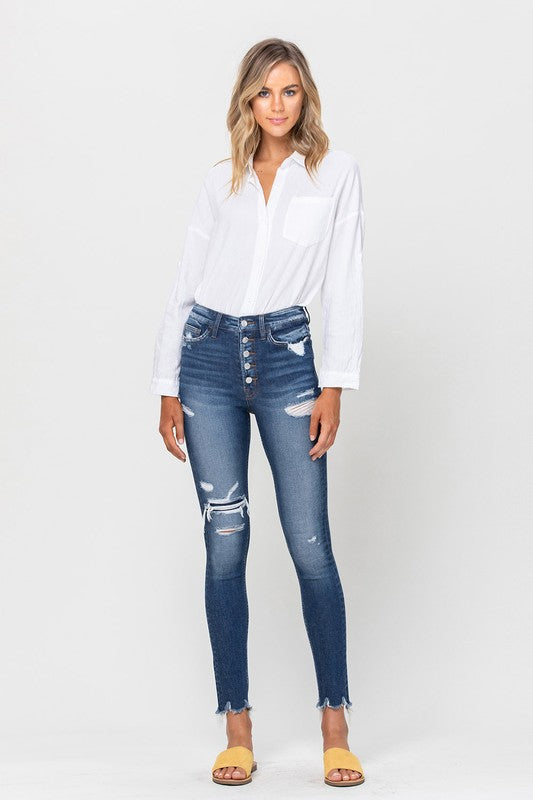 HIGH RISE PATCHED BUTTON UP RAW HEM ANKLE SKINNY JEANS