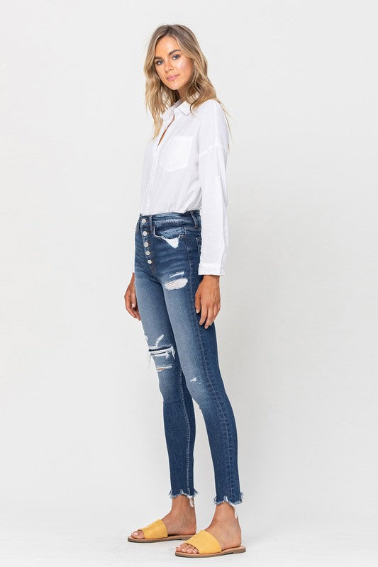 HIGH RISE PATCHED BUTTON UP RAW HEM ANKLE SKINNY JEANS