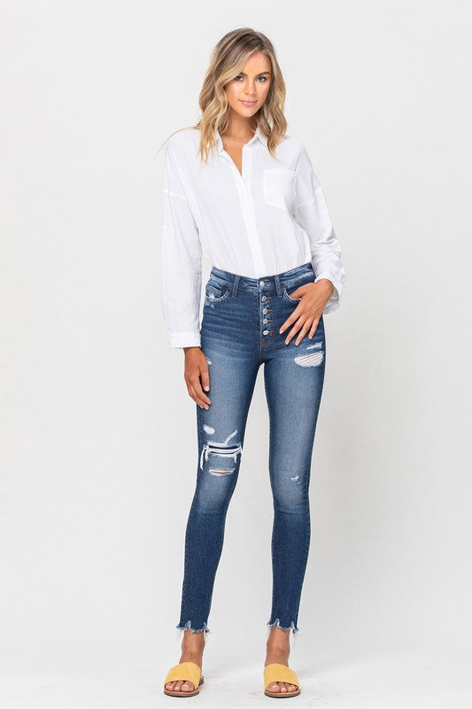 HIGH RISE PATCHED BUTTON UP RAW HEM ANKLE SKINNY JEANS