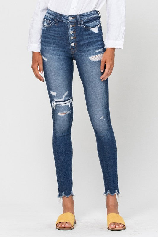 HIGH RISE PATCHED BUTTON UP RAW HEM ANKLE SKINNY JEANS