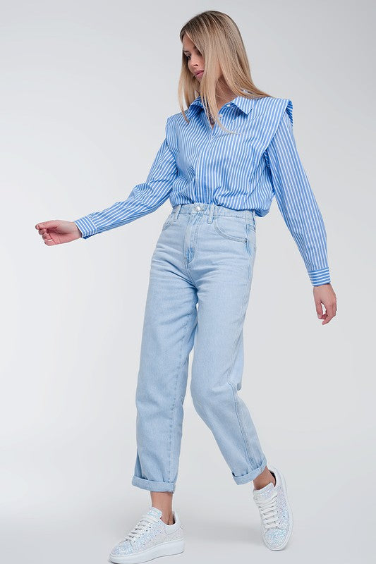 RUFFLE SHOULDER SHIRT IN BLUE