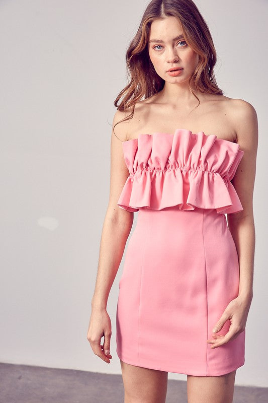 OPEN SHOULDER RUFFLE DETAIL DRESS