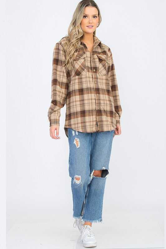 Women's Long Sleeve Checkered Boyfriend Flannel Shirt