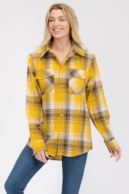 Women's Long Sleeve Checkered Boyfriend Flannel Shirt