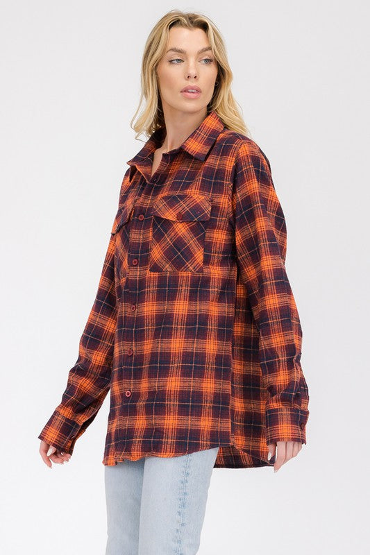 Women's Long Sleeve Checkered Boyfriend Flannel Shirt