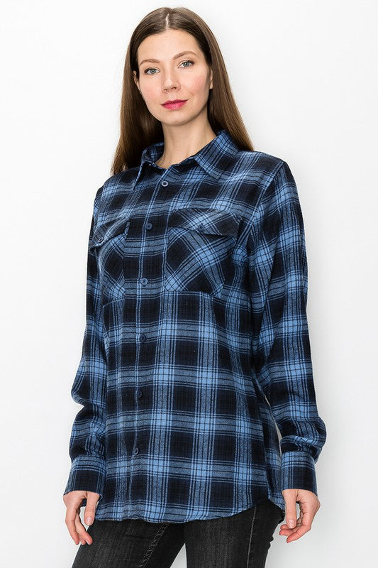 Women's Long Sleeve Checkered Boyfriend Flannel Shirt