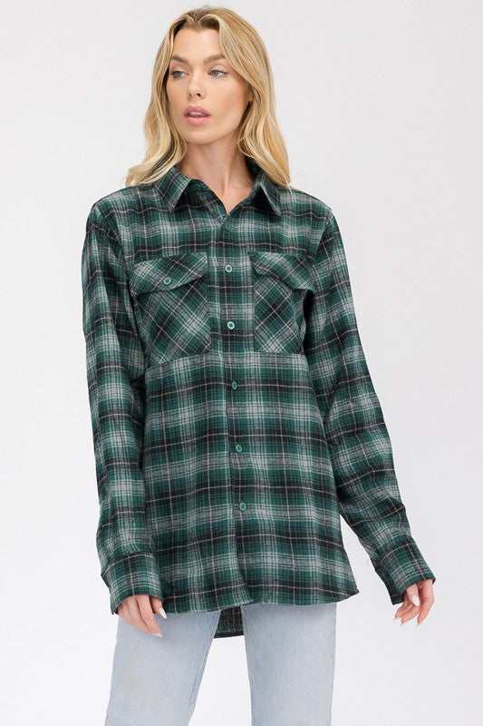 Women's Long Sleeve Checkered Boyfriend Flannel Shirt