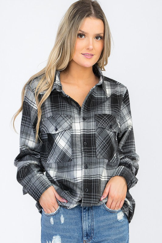 Women Boyfriend Oversize Checker Plaid Flannel