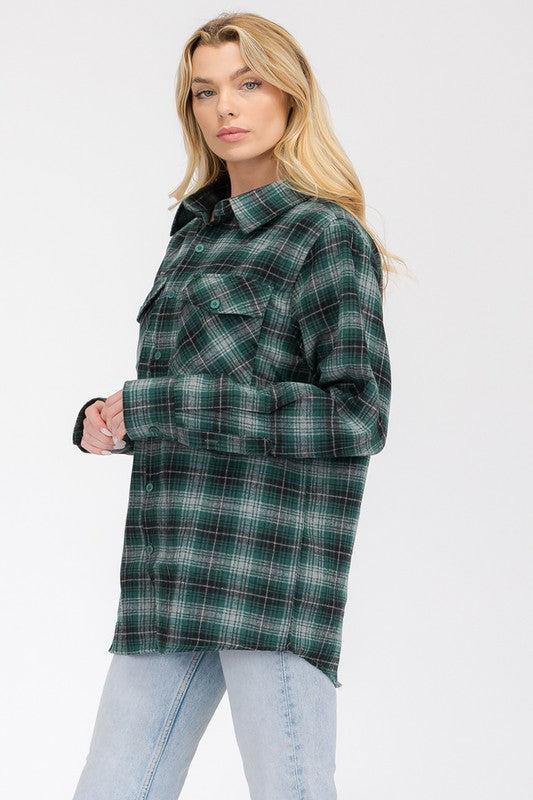 Women Oversized Checker Plaid Flannel Long Sleeve