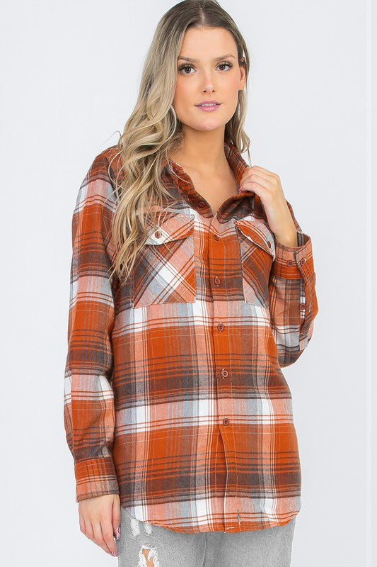 Women Oversized Checker Plaid Flannel Long Sleeve