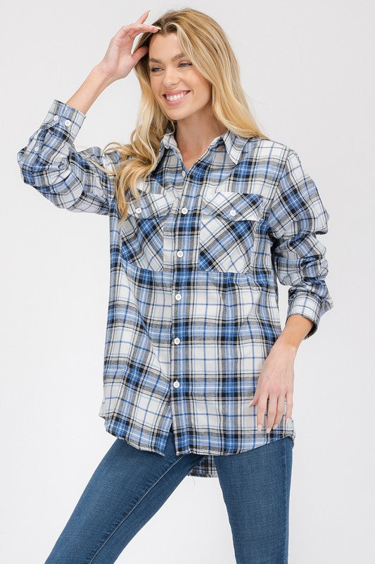 Women Oversized Checker Plaid Flannel Long Sleeve