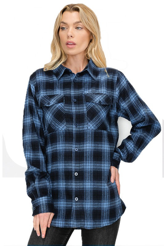 Women Oversized Checker Plaid Flannel Long Sleeve