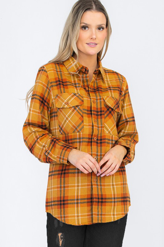 Women Oversized Checker Plaid Flannel Long Sleeve