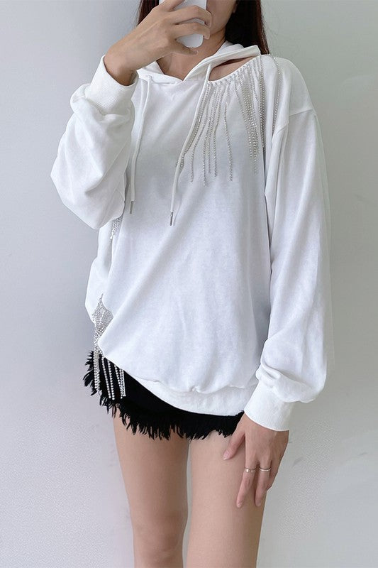 Rhinestones Fringe Oversized Hoodie