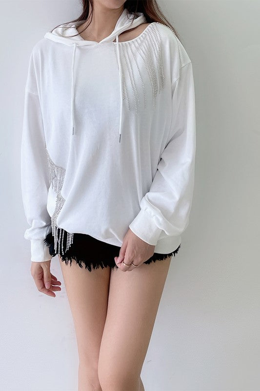 Rhinestones Fringe Oversized Hoodie