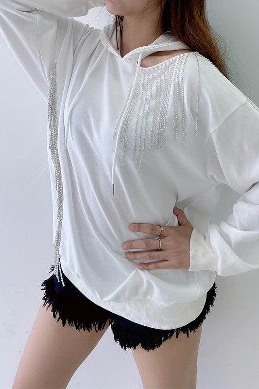 Rhinestones Fringe Oversized Hoodie