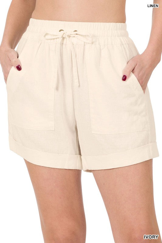 LINEN DRAWSTRING-WAIST SHORTS WITH POCKETS