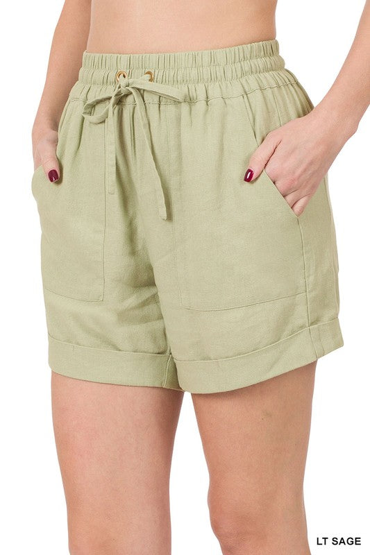 LINEN DRAWSTRING-WAIST SHORTS WITH POCKETS