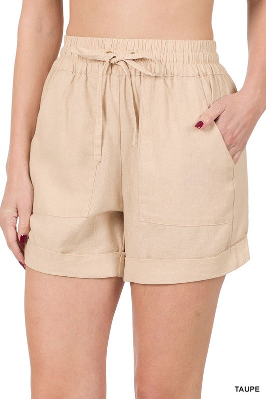 LINEN DRAWSTRING-WAIST SHORTS WITH POCKETS