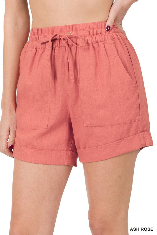 LINEN DRAWSTRING-WAIST SHORTS WITH POCKETS