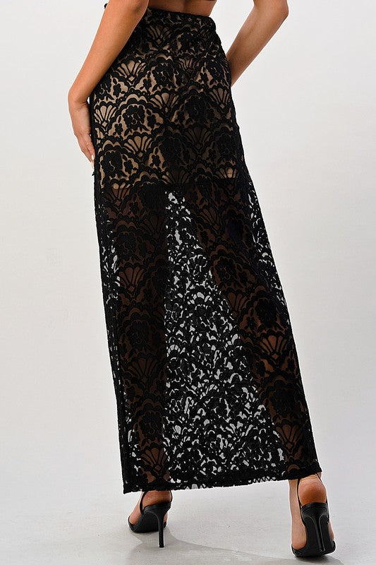 Lace Maxi Skirt With Cotton-Core Bow