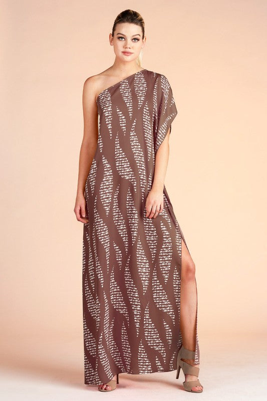 Wavy Texture Print One Shoulder Maxi Dress