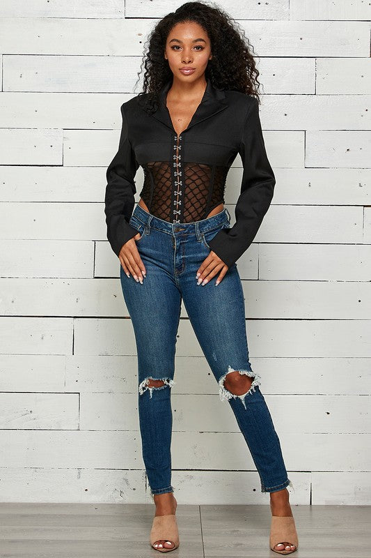 Cutouts Net Cropped Bodysuit Jacket